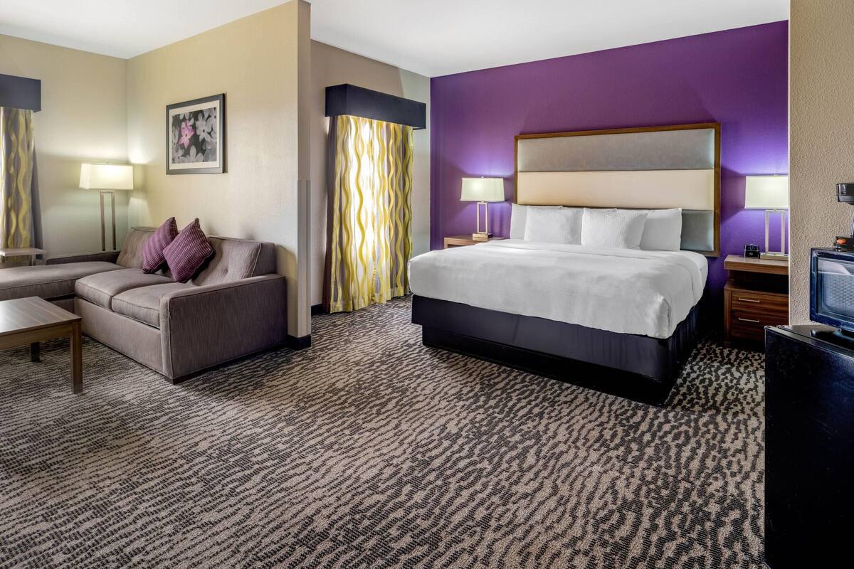 Une chambre d’hôtel avec un lit, un canapé, un bureau et une télévision.