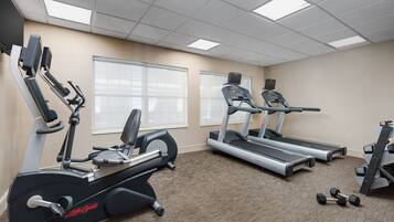 A gym with cardio machines, dumbbells, and large windows.