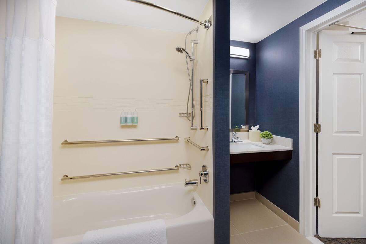 Ein Badezimmer mit Badewanne, Dusche und Handläufen.