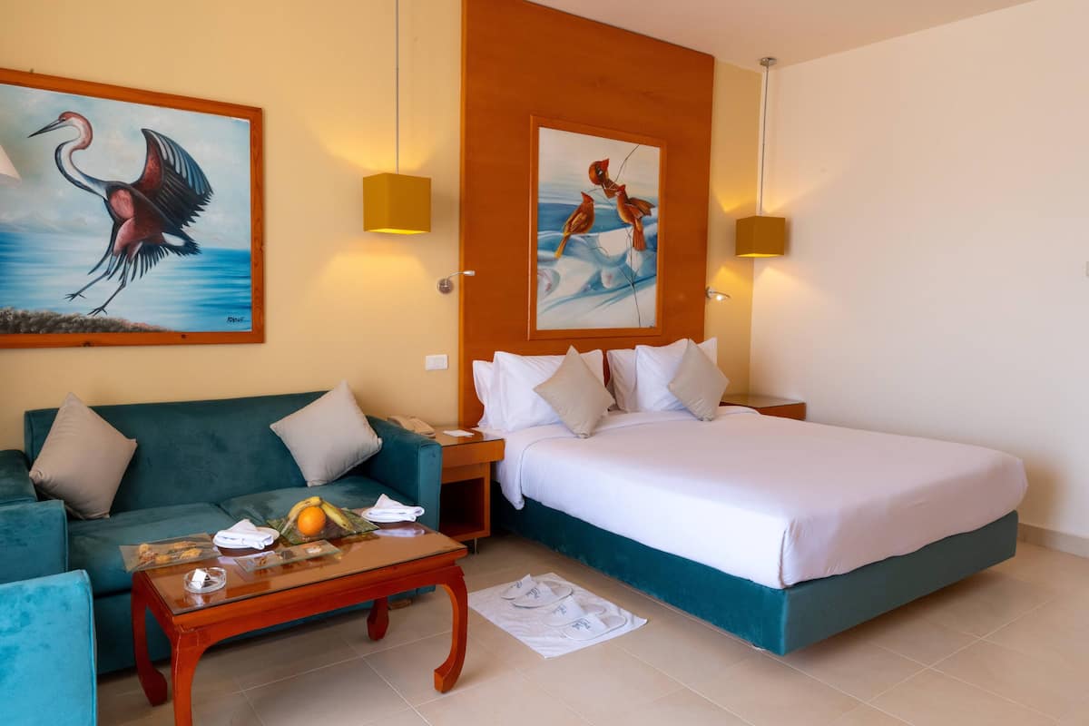 ميني بار وخزنة داخل الغرفة ومكتب وستائر تعتيم