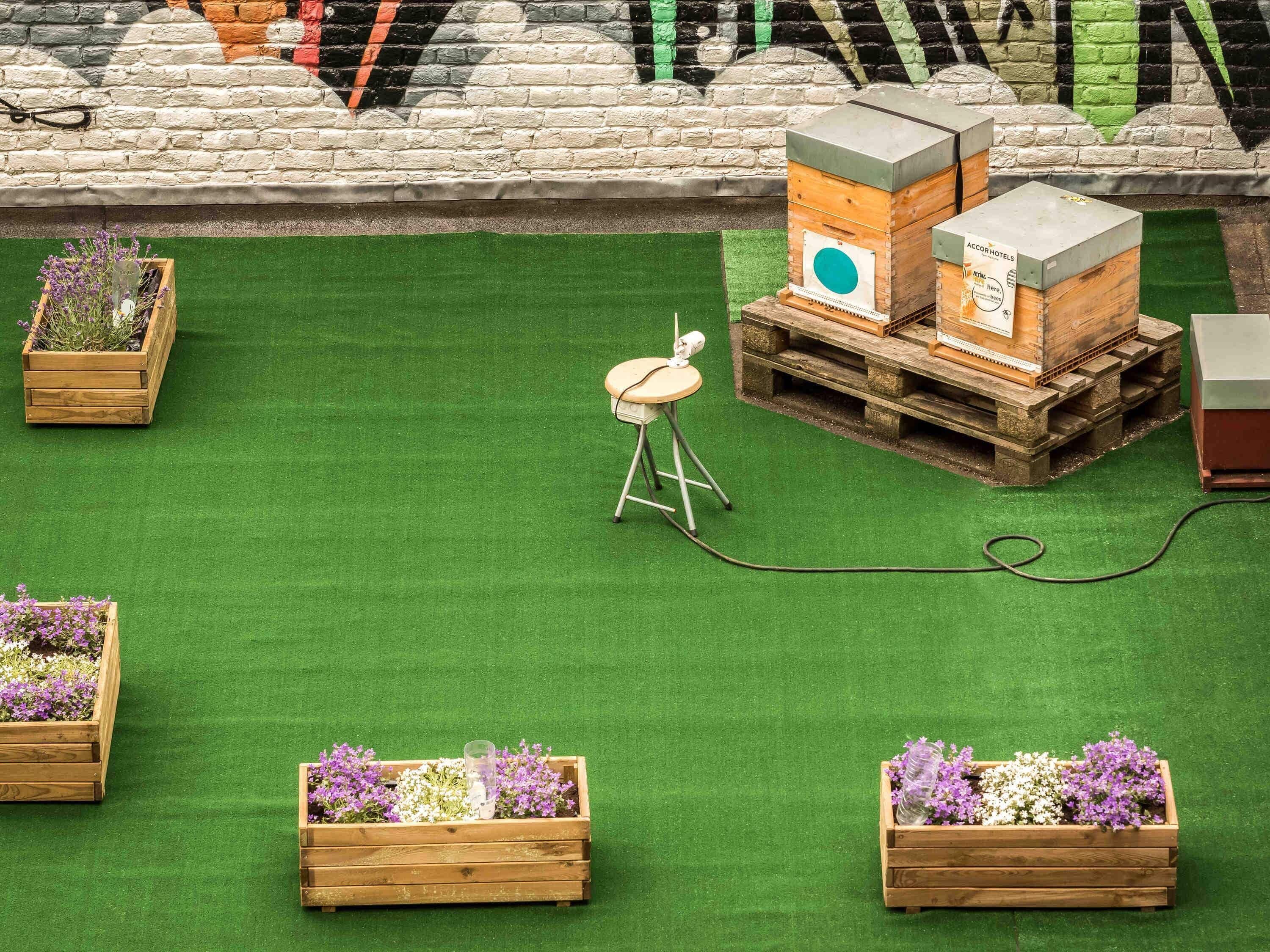 Une chambre d’hôtel avec un sol recouvert d’un gazon artificiel vert, des jardinières en bois ornées de fleurs, un télescope et une structure en bois portant une enseigne.