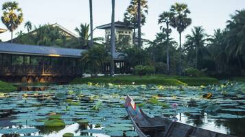A boat on a calm water body with lily pads, surrounded by palm trees and a building in the background.