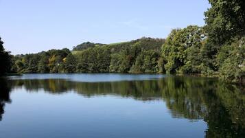 A calm lake surrounded by dense trees and hills.
