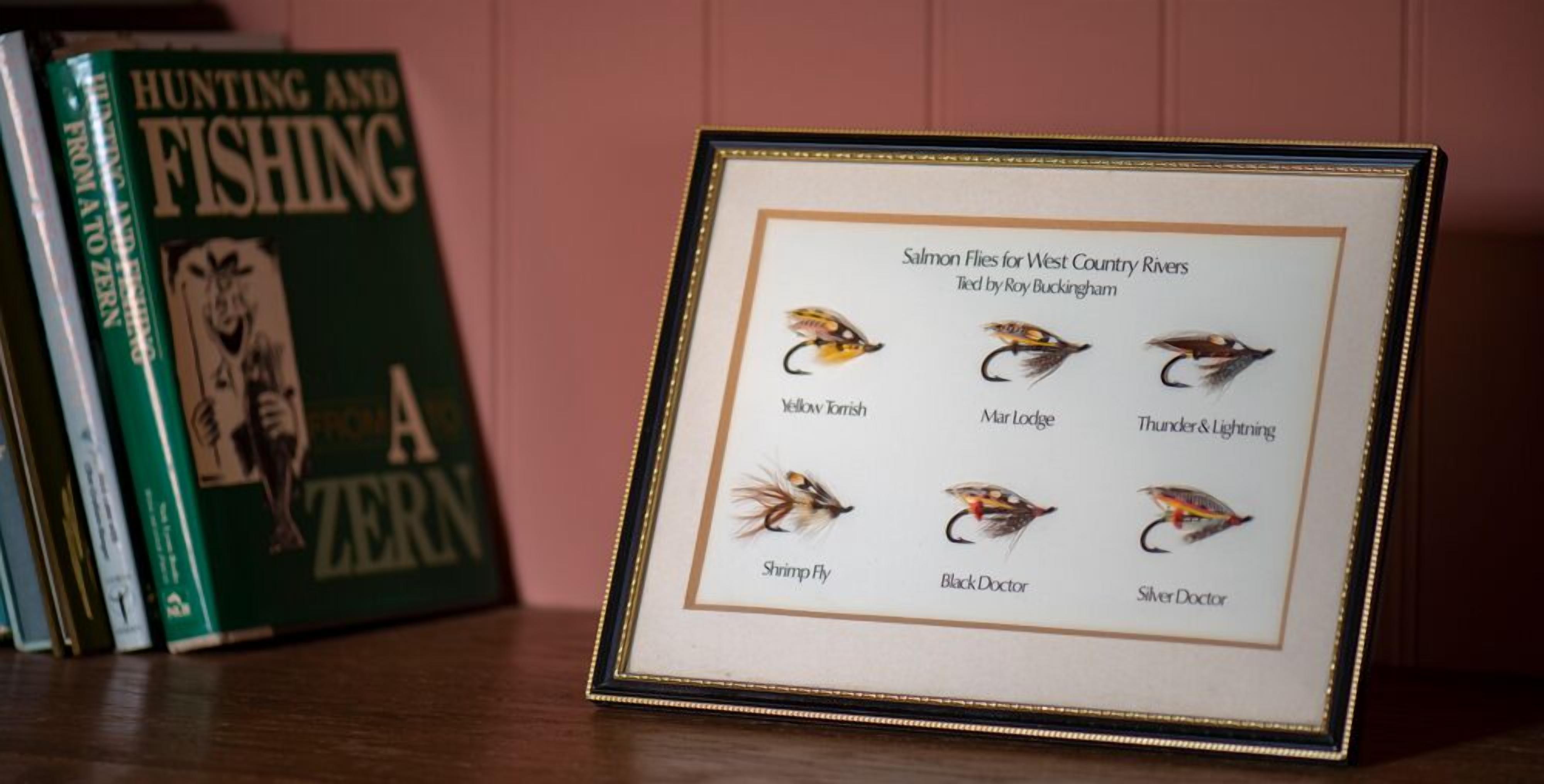 Une collection de mouches à saumon encadrées, intitulée « Mouches à saumon pour les rivières de l’ouest de l’Angleterre », est exposée, avec un livre intitulé « Chasse et p êche » en arrière-plan.