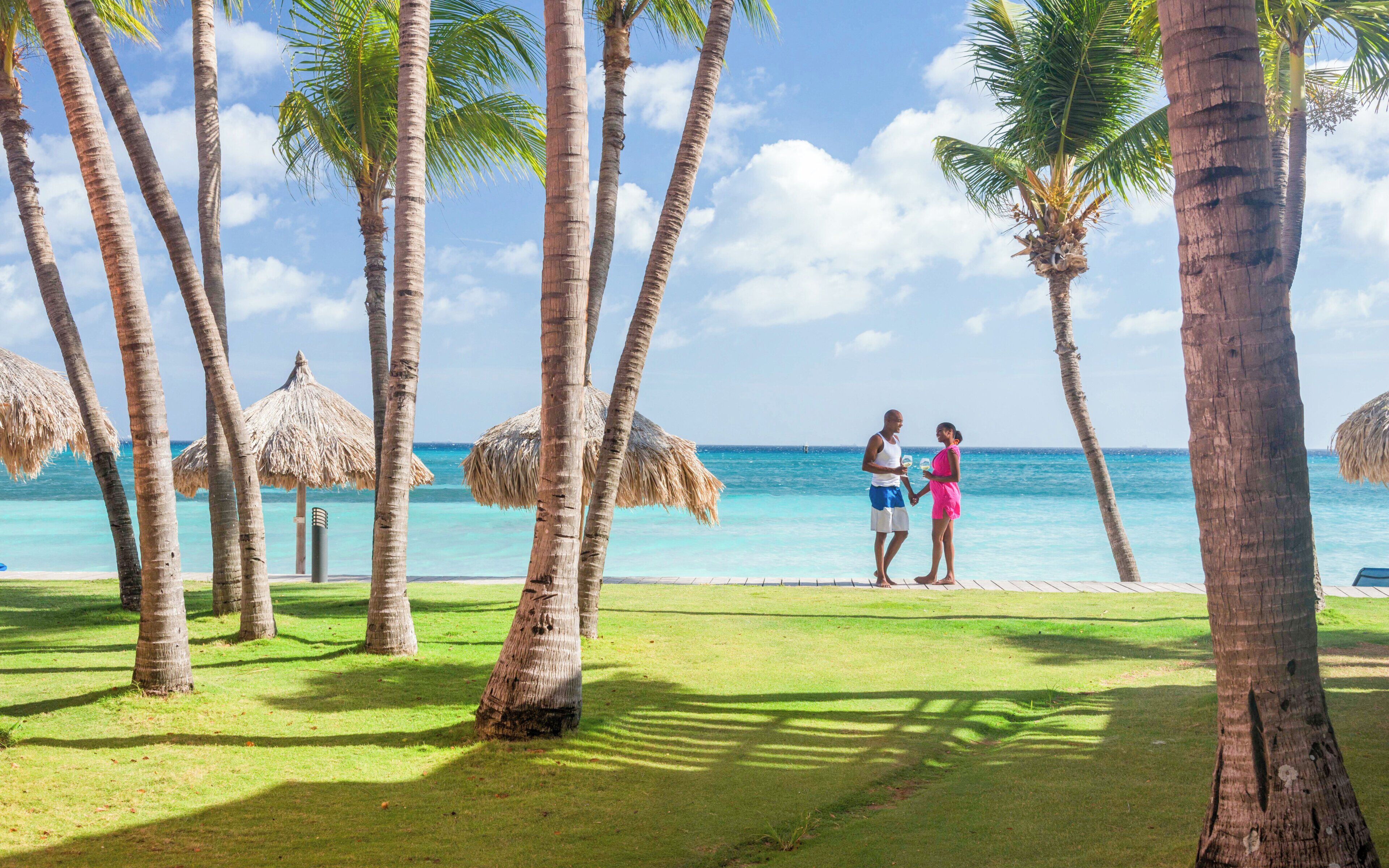 A tropical beach scene with palm trees and thatched umbrellas.