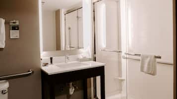 Shower, eco-friendly toiletries, hair dryer, towels