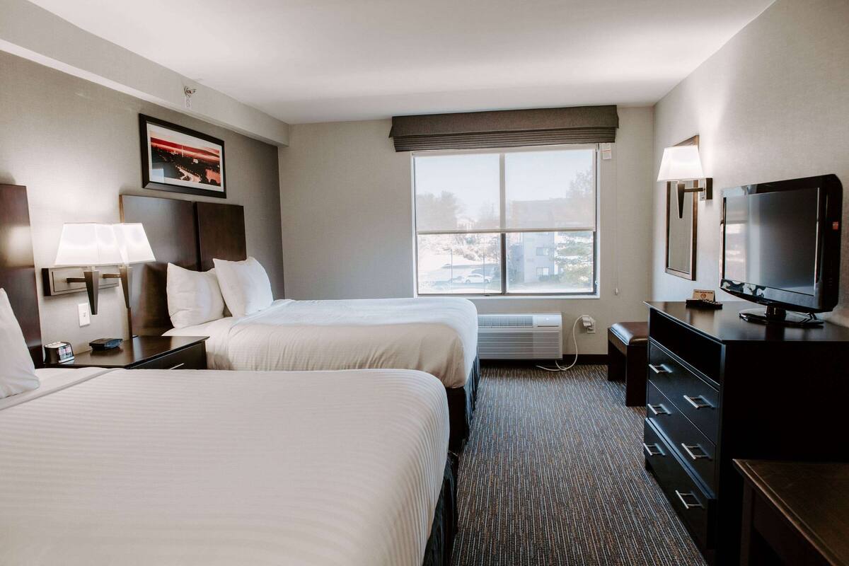 Hotelkamer met twee bedden, een televisie, een dressoir, een lamp, een foto aan de muur en een raam met uitzicht.