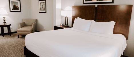 A hotel room with a large bed, a chair, a nightstand, and a lamp.