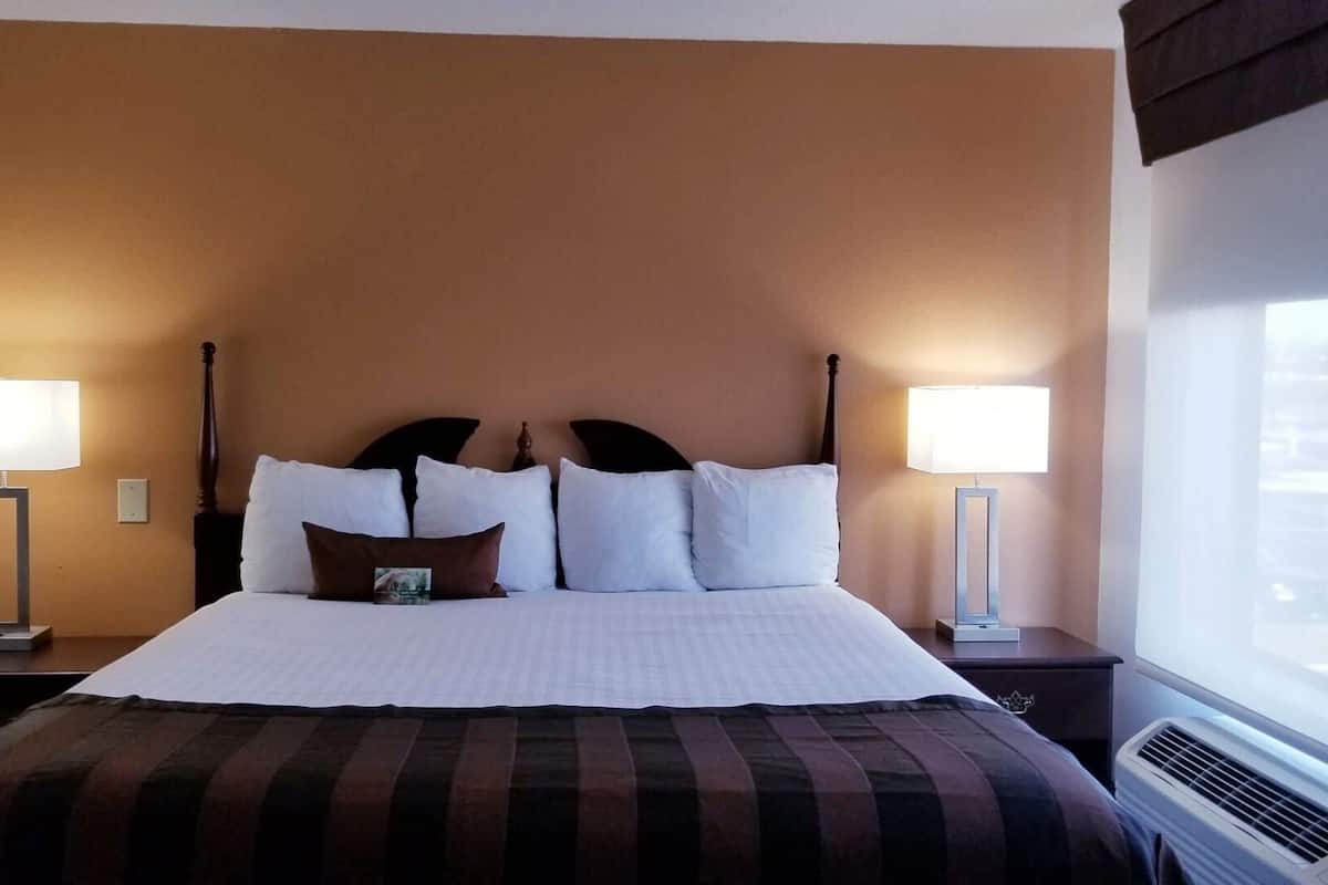 Habitación de hotel con una cama grande, dos mesitas de noche con lámparas, una ventana con vistas y un respiradero en la pared.
