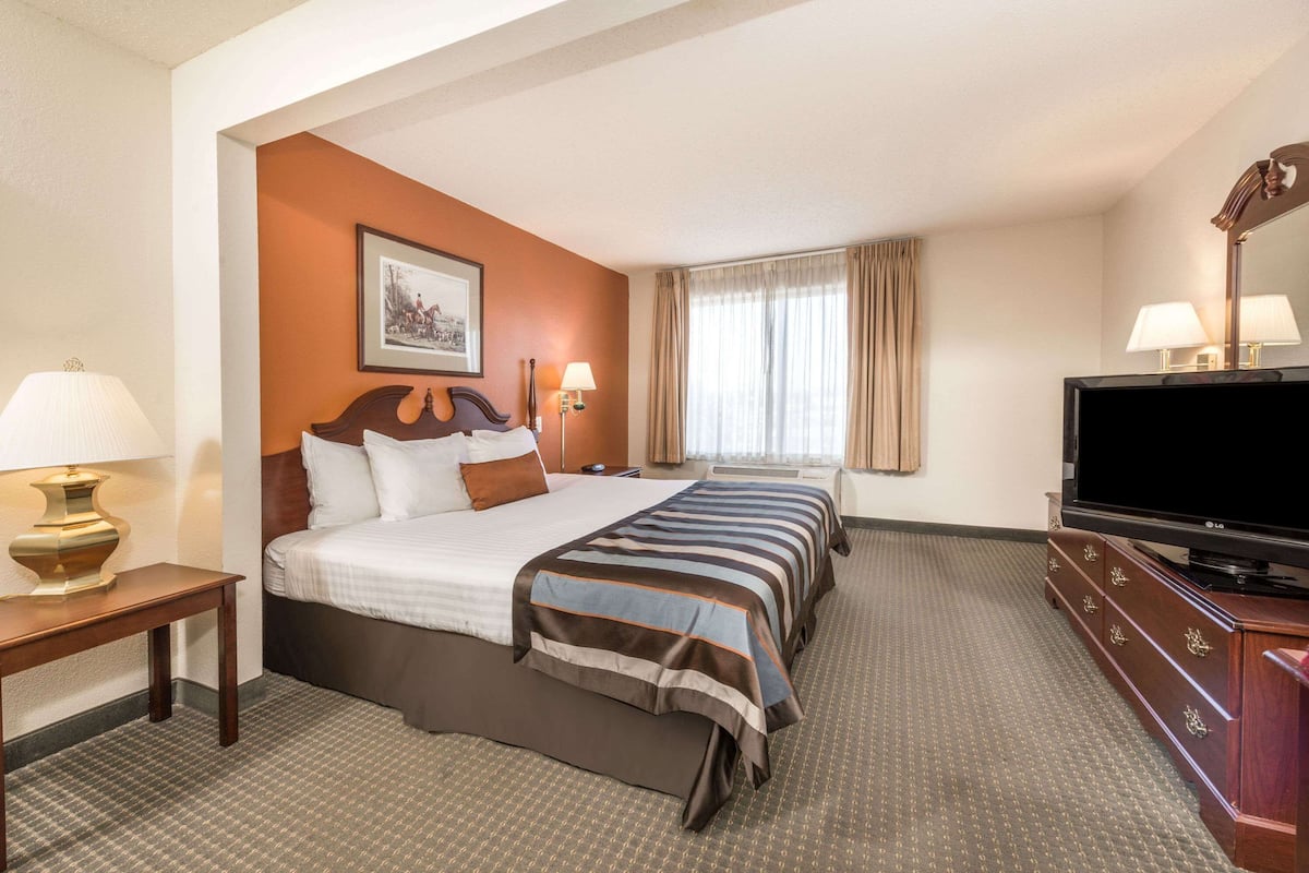 Una habitación de hotel con cama, mesitas de noche, televisión y ventana con cortinas.