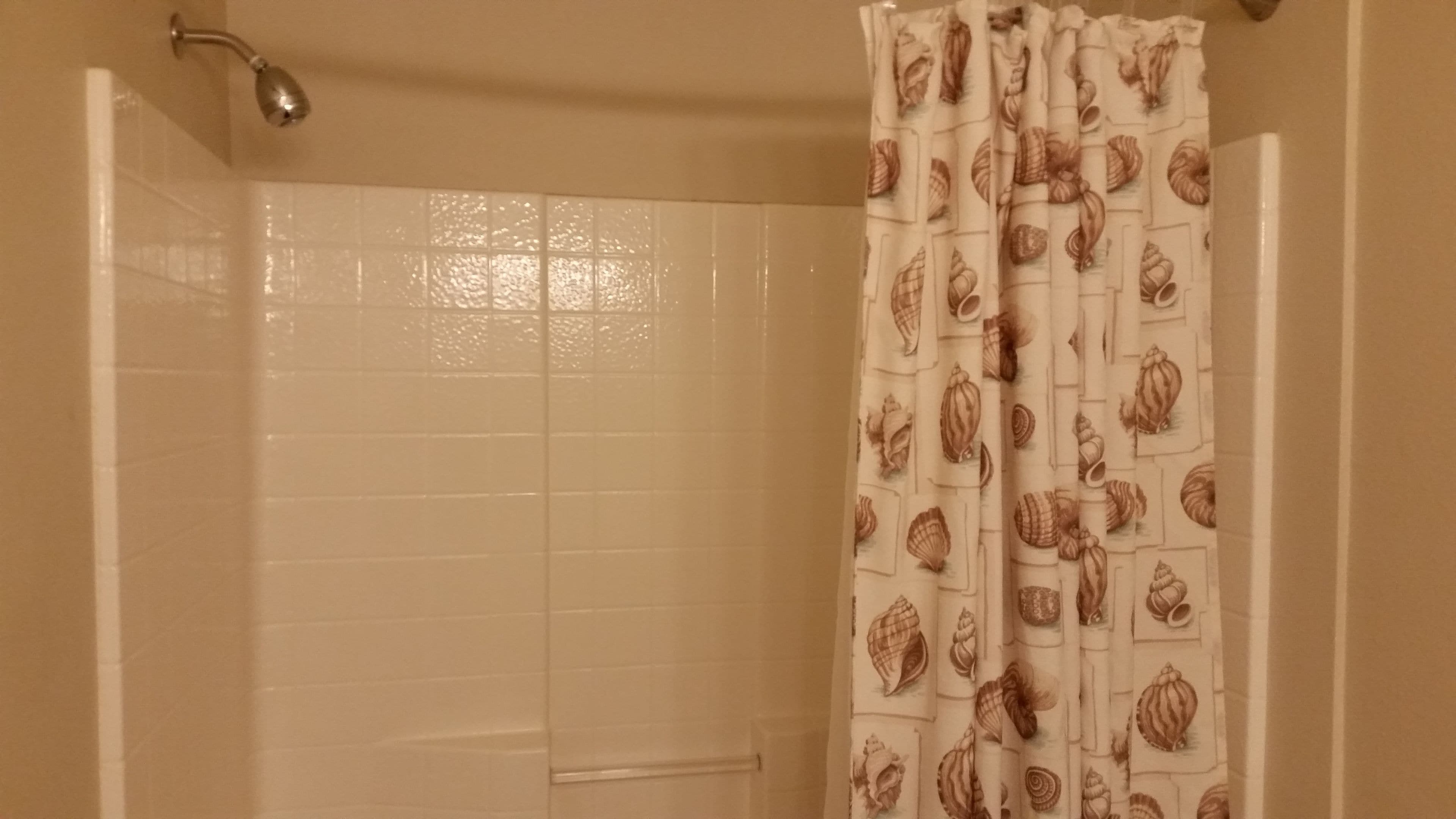 A bathroom with a shower curtain featuring a shell pattern.