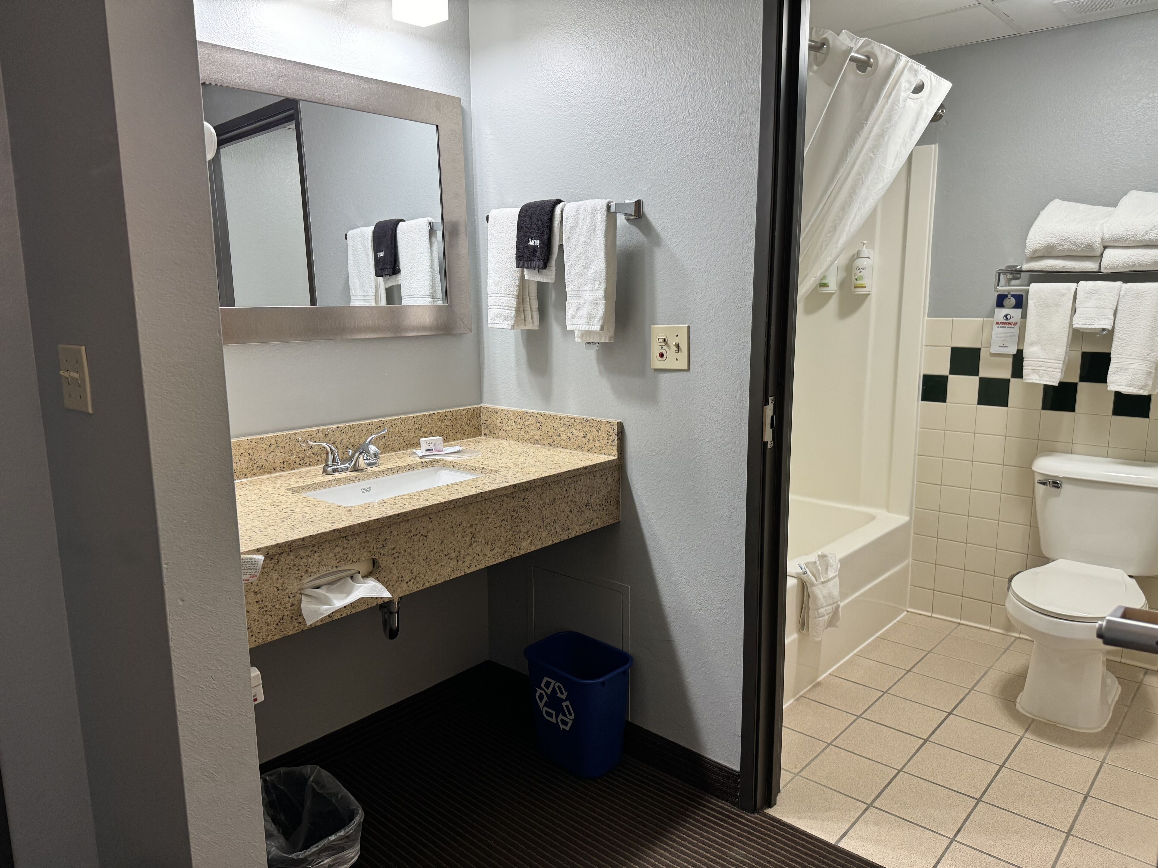 free toiletries, hair dryer, towels