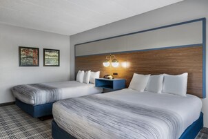 A hotel room with two beds, a nightstand with a lamp, and two framed pictures on the wall.