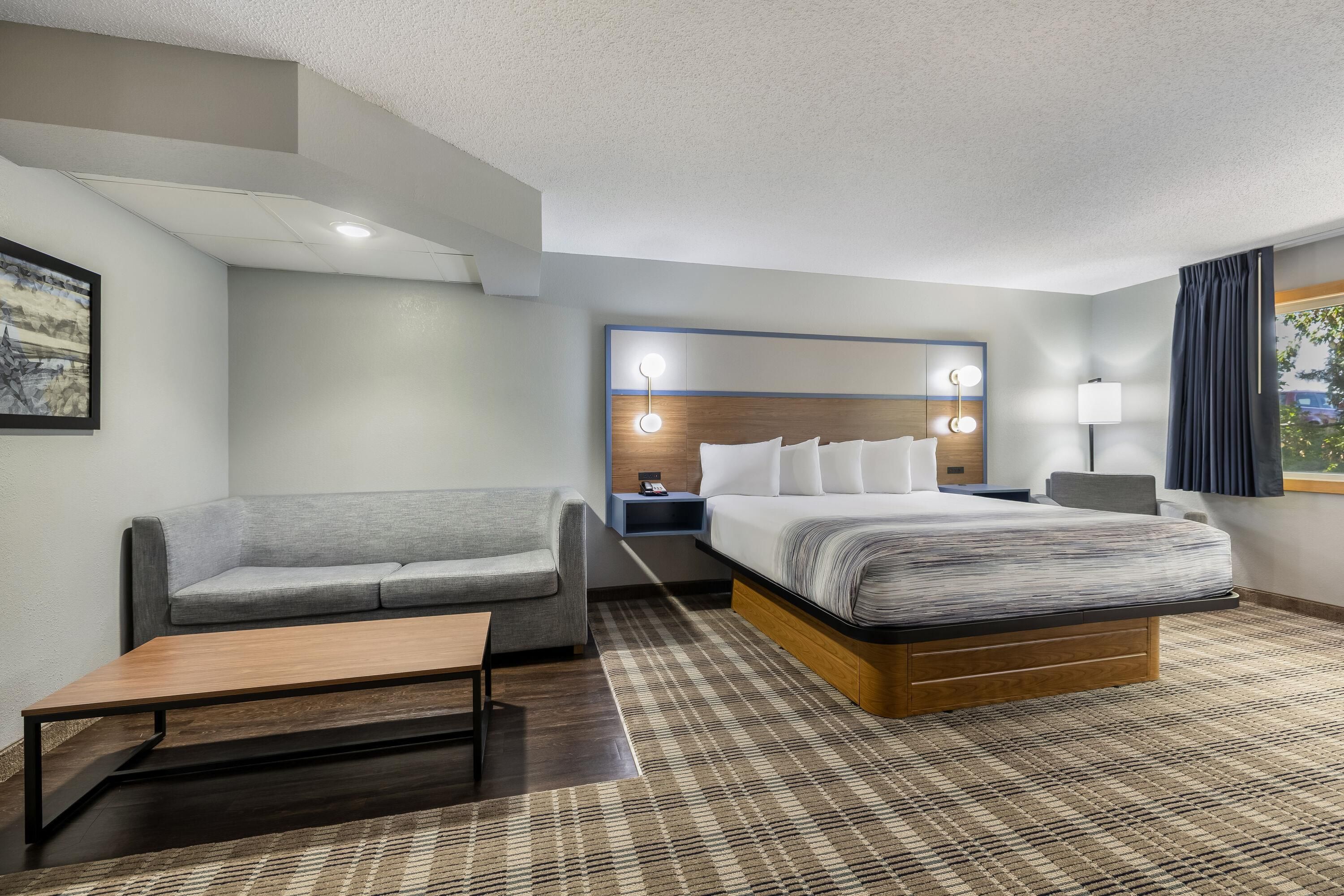 Una habitación de hotel con una cama, un sofá, un escritorio y una mesita de noche.