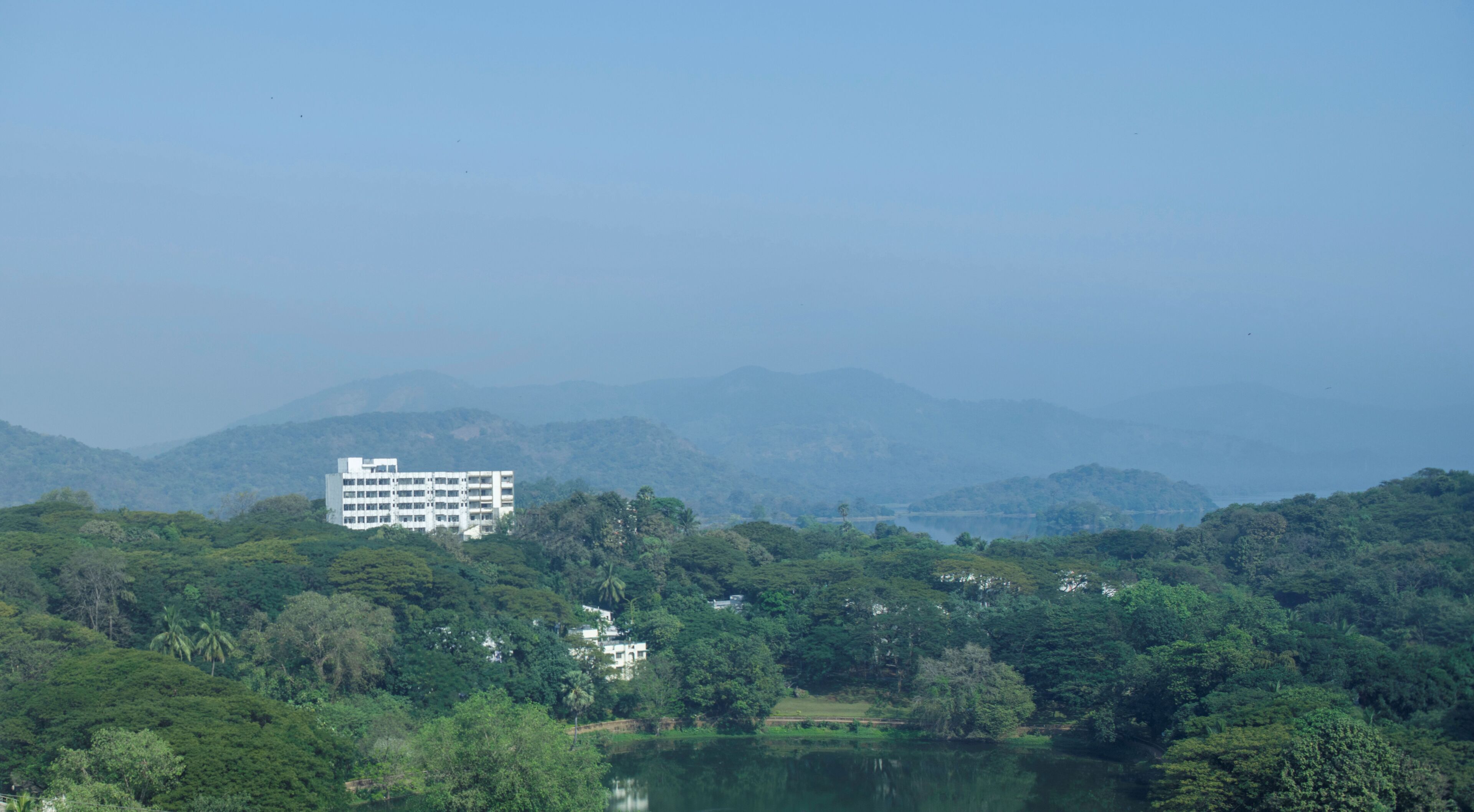 A building surrounded by dense greenery and a lake.