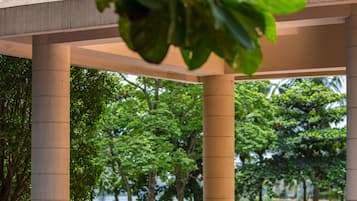 Outdoor pool, pool umbrellas, pool loungers