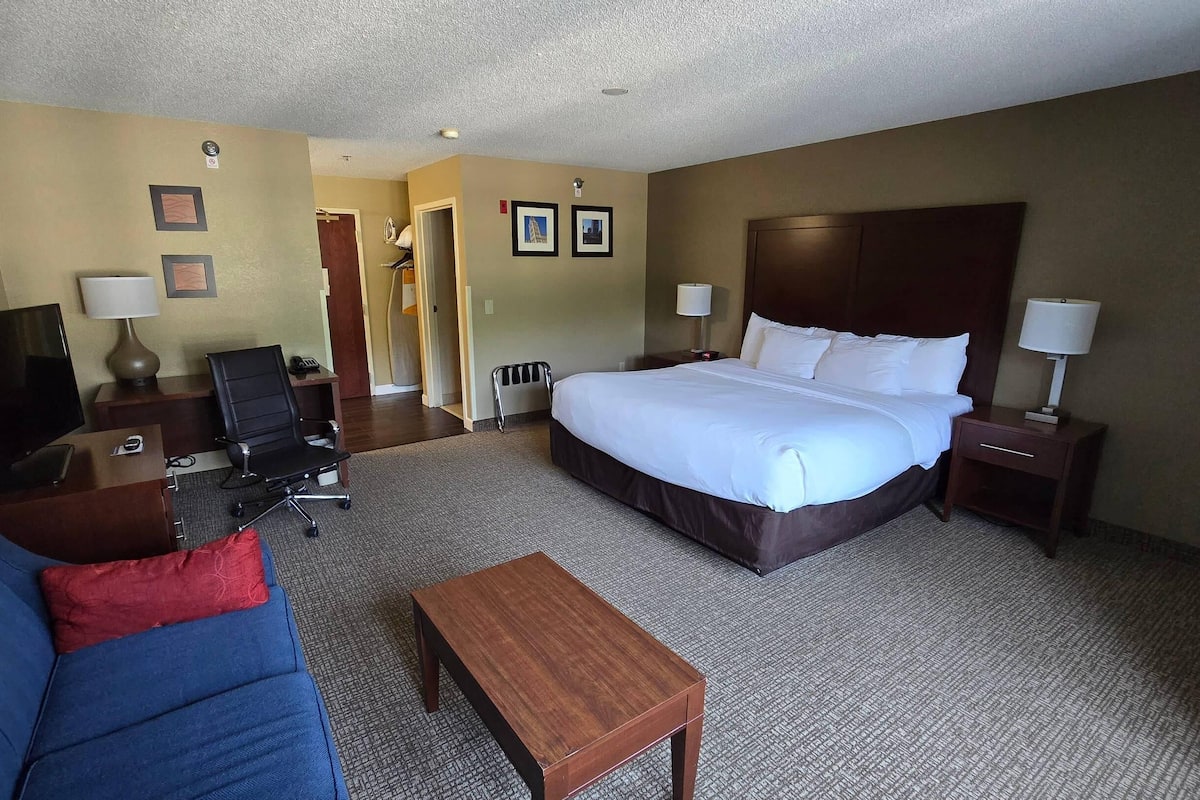 Une chambre d’hôtel équipée d’un lit, d’un bureau, d’une chaise, d’une télévision et d’un canapé.