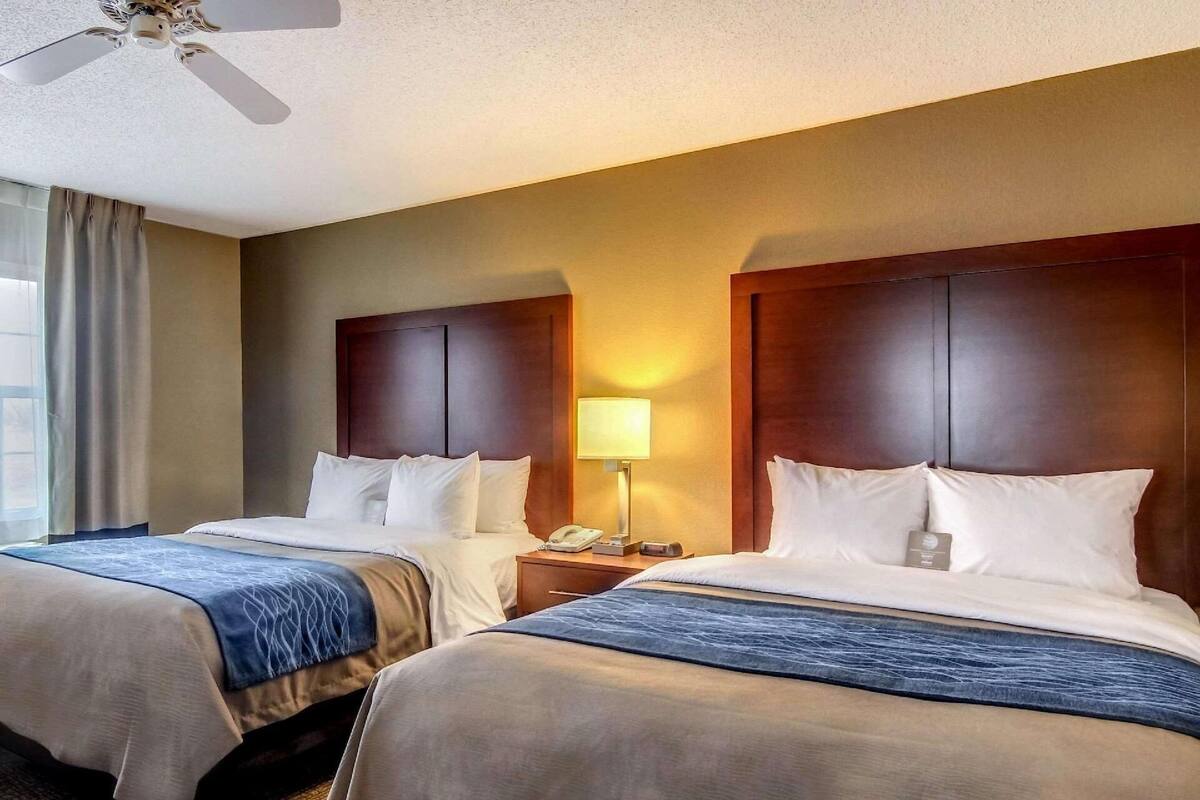 A hotel room with two beds, a ceiling fan, a bedside lamp, and a window with curtains.