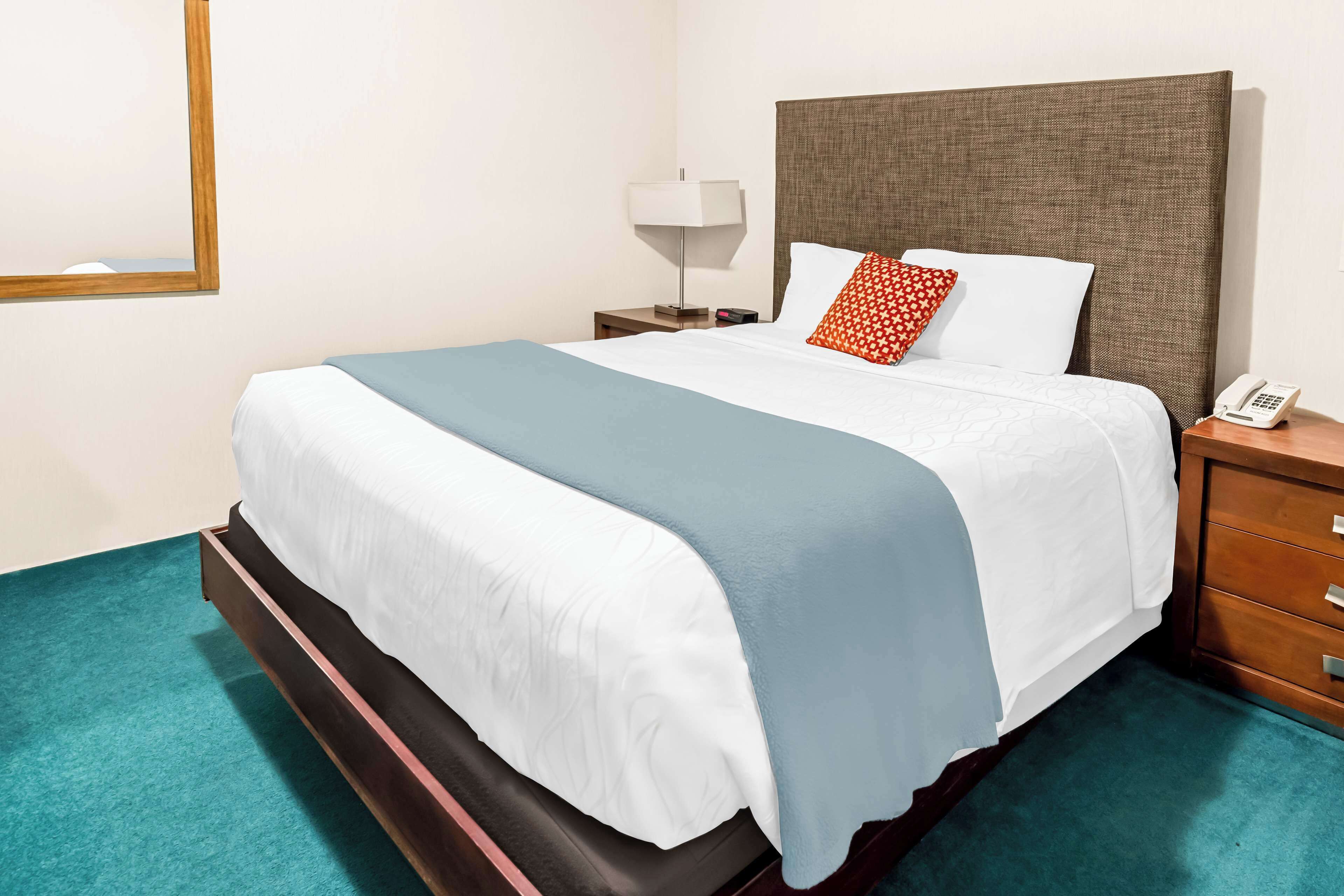 A neatly made bed with a white and blue bedspread, a wooden headboard, and a bedside table with a lamp and a phone.