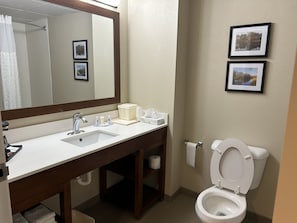 Duschwanne, kostenlose Toilettenartikel, Haartrockner, Handtücher
