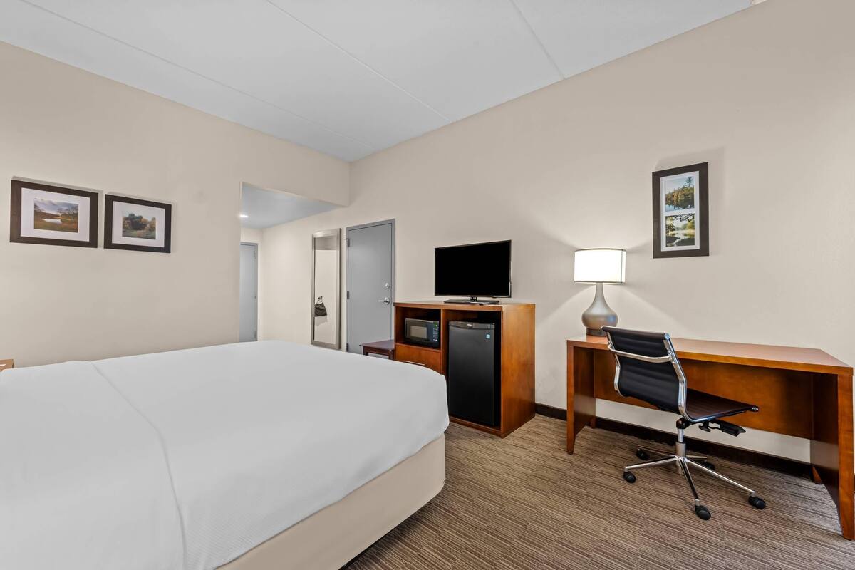 A hotel room with a bed, a desk with a chair, a television, a microwave, and a refrigerator.