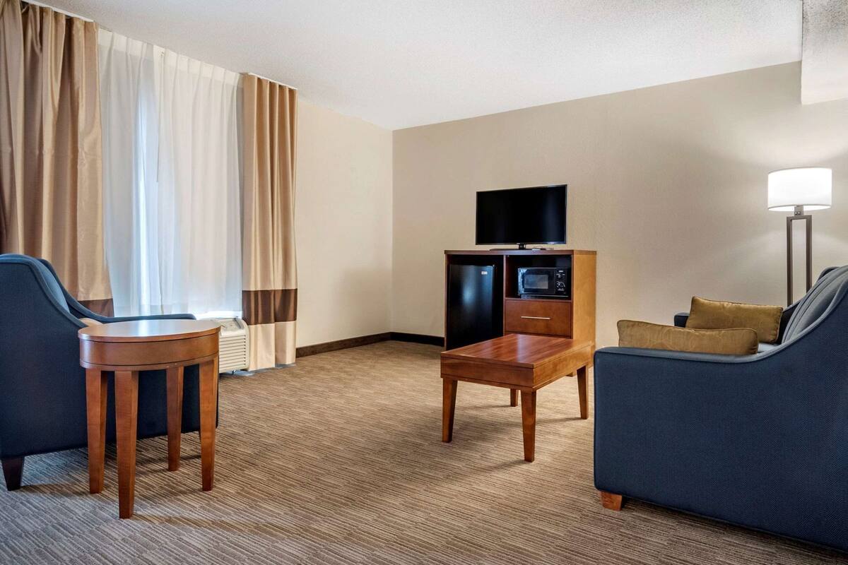 A hotel room with a sofa, a small table, a TV, a microwave, and a lamp.