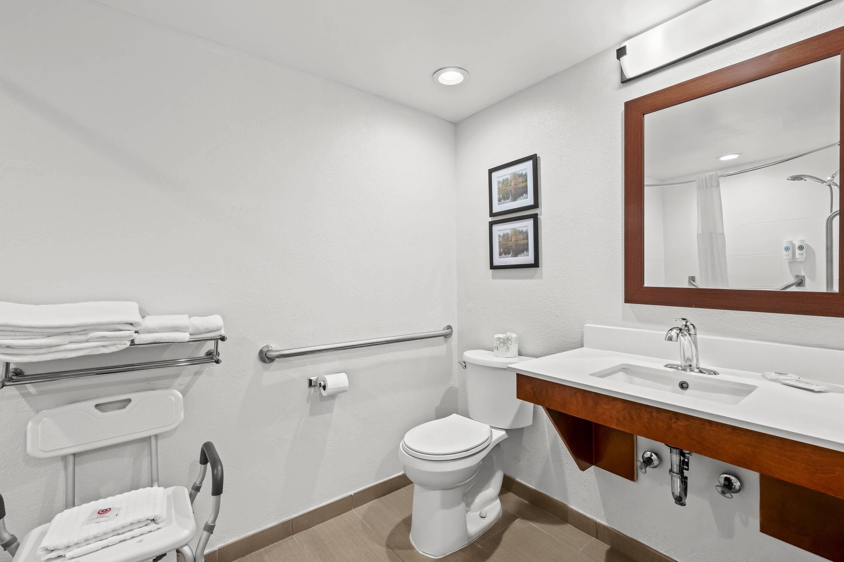 Ein modernes Badezimmer mit Toilette, Waschbecken mit Holzschrank, Spiegel und Duschbereich.