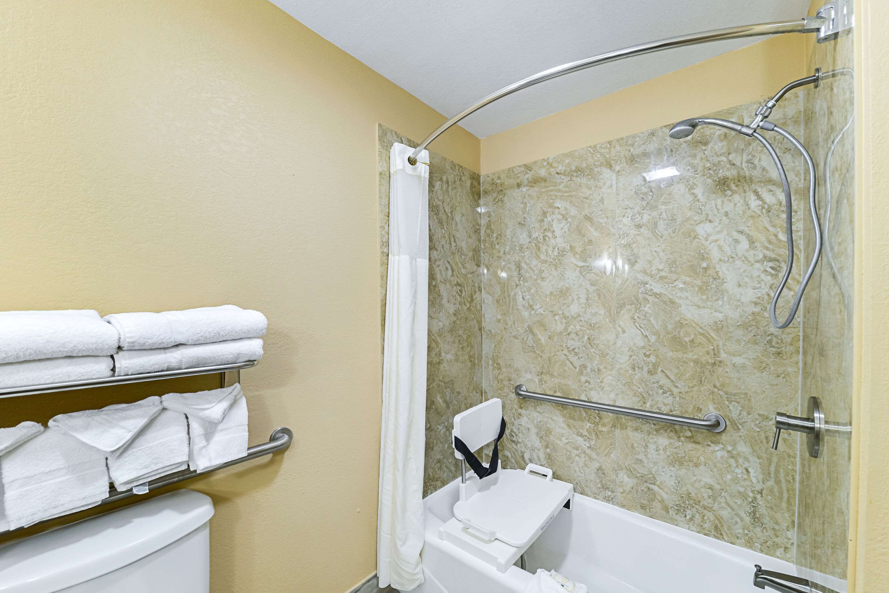 A bathroom with a shower, a toilet, and a towel rack.