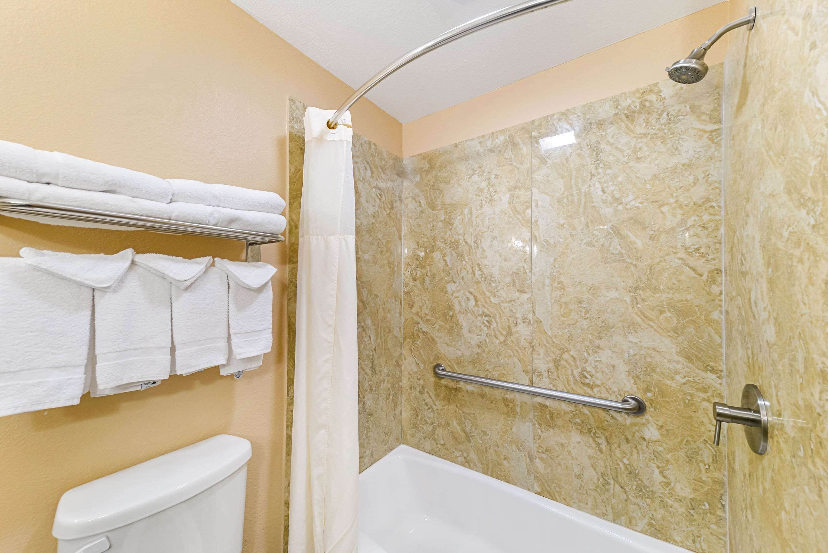 A bathroom with a shower, toilet, and towel rack.