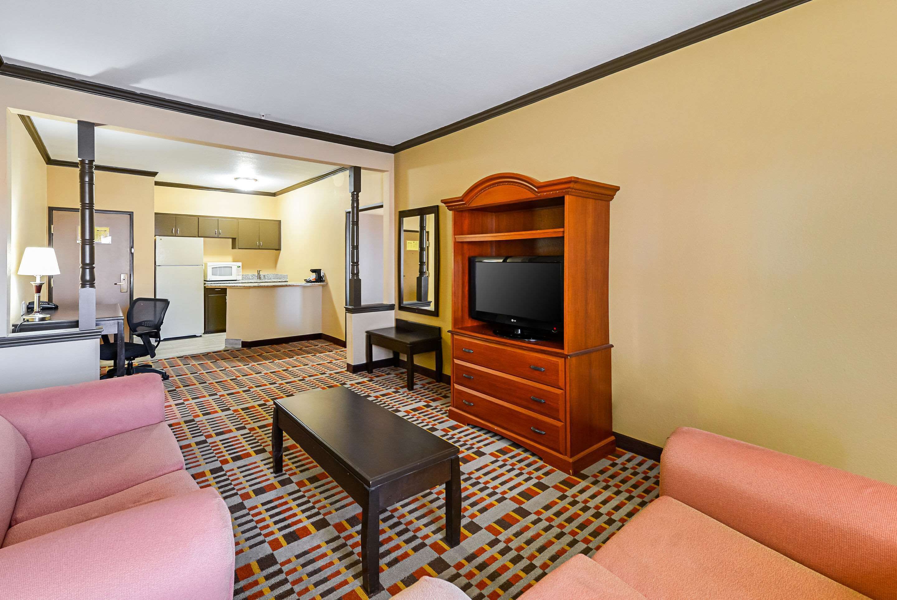 Een hotelkamer met een kitchenette, een televisie, een kamerbreed tapijt met dessin en twee roze banken.