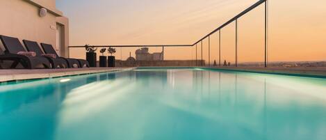 Indoor pool, outdoor pool, pool loungers