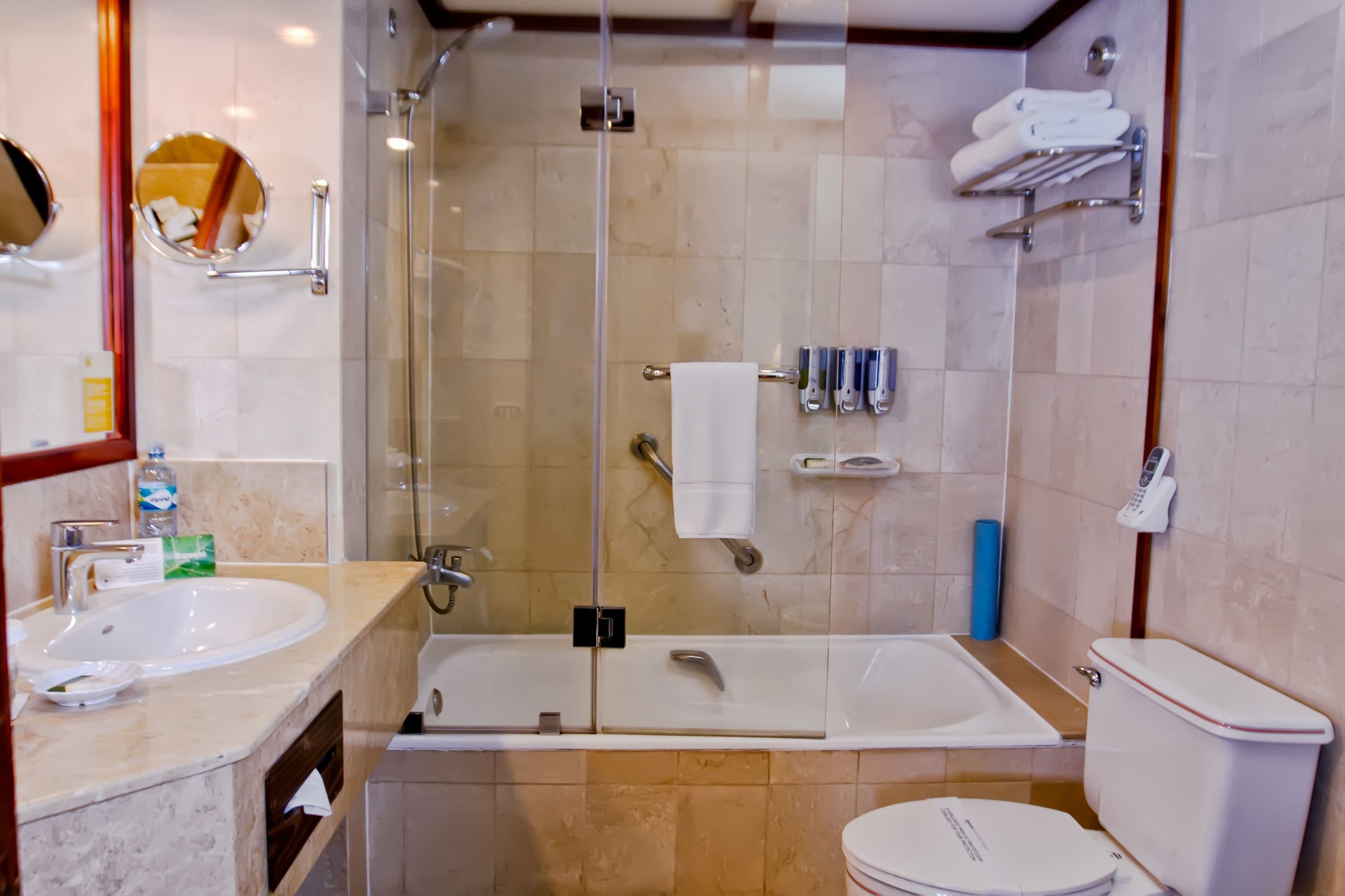 A modern bathroom with a glass-enclosed shower, a bathtub, a toilet, and a sink.
