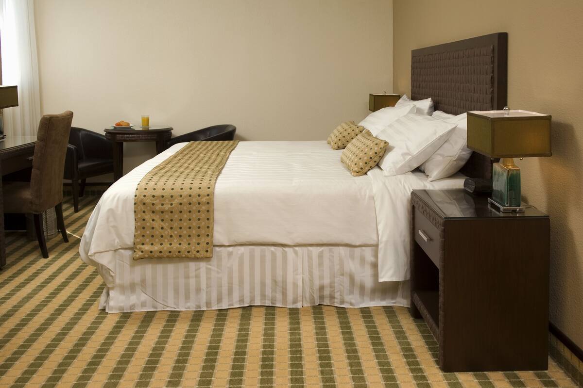 A hotel room with a bed, a desk, a chair, and a bedside table with a lamp.