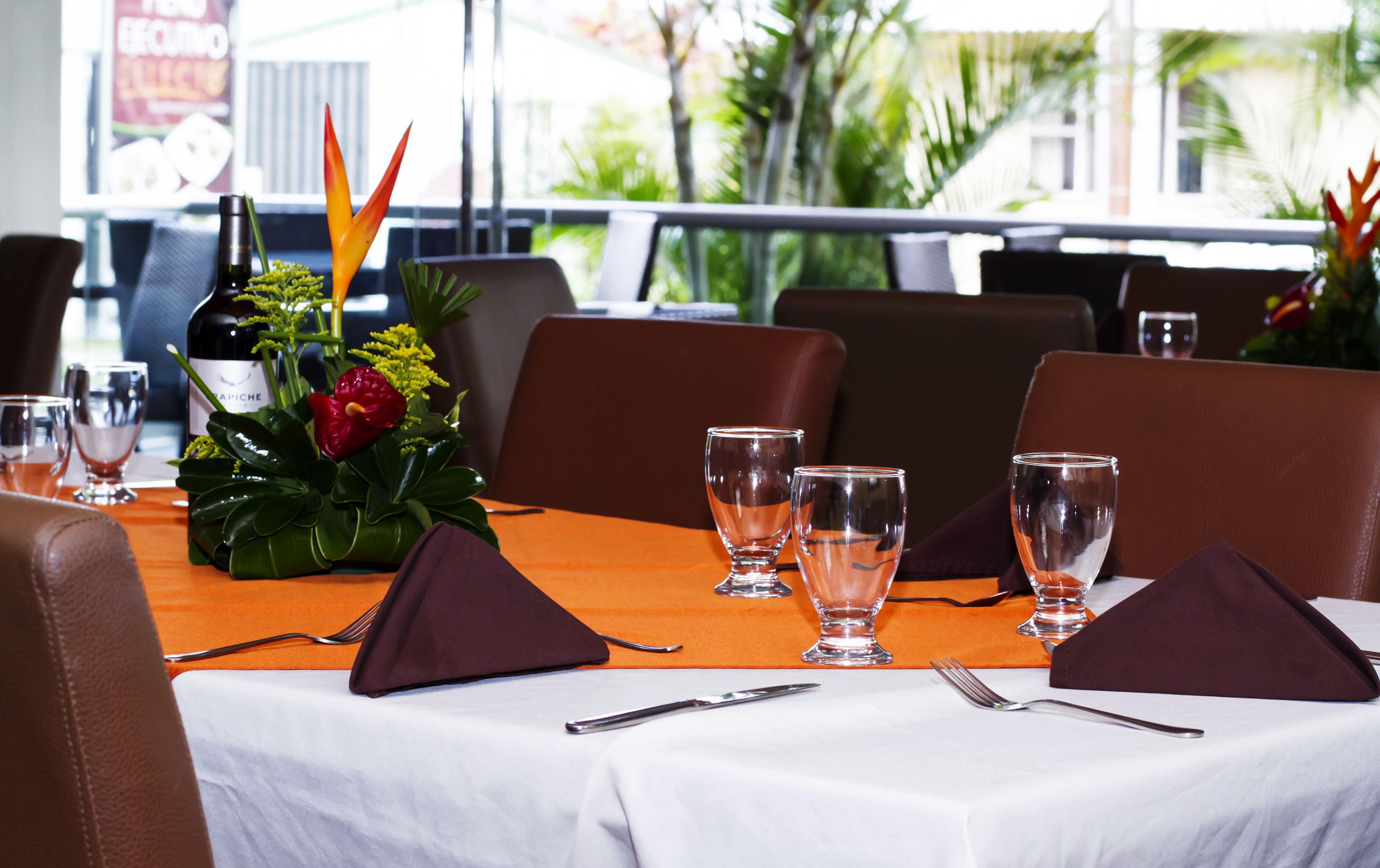 Une table de restaurant dressée avec une bouteille de vin, une fleur rouge et une plante verte.