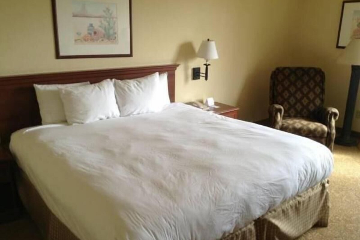 Une chambre d’hôtel avec un grand lit, une table de chevet, une chaise et une lampe fixée au mur.