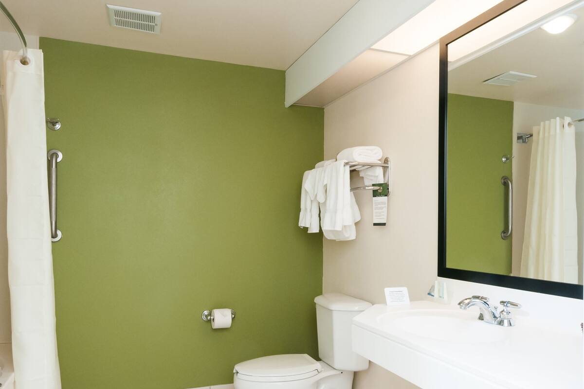 A bathroom with a green wall, white fixtures, a toilet, a sink with a mirror, and a shower curtain.