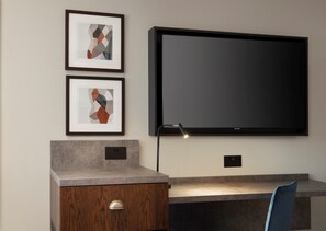 Desk, laptop workspace, blackout drapes, soundproofing