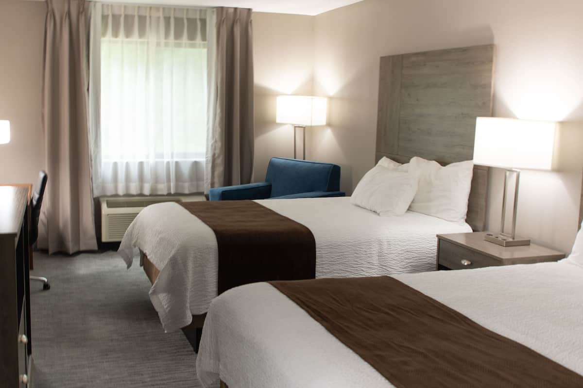Een hotelkamer met twee bedden, een bureau, een stoel, een lamp en een raam met gordijnen.