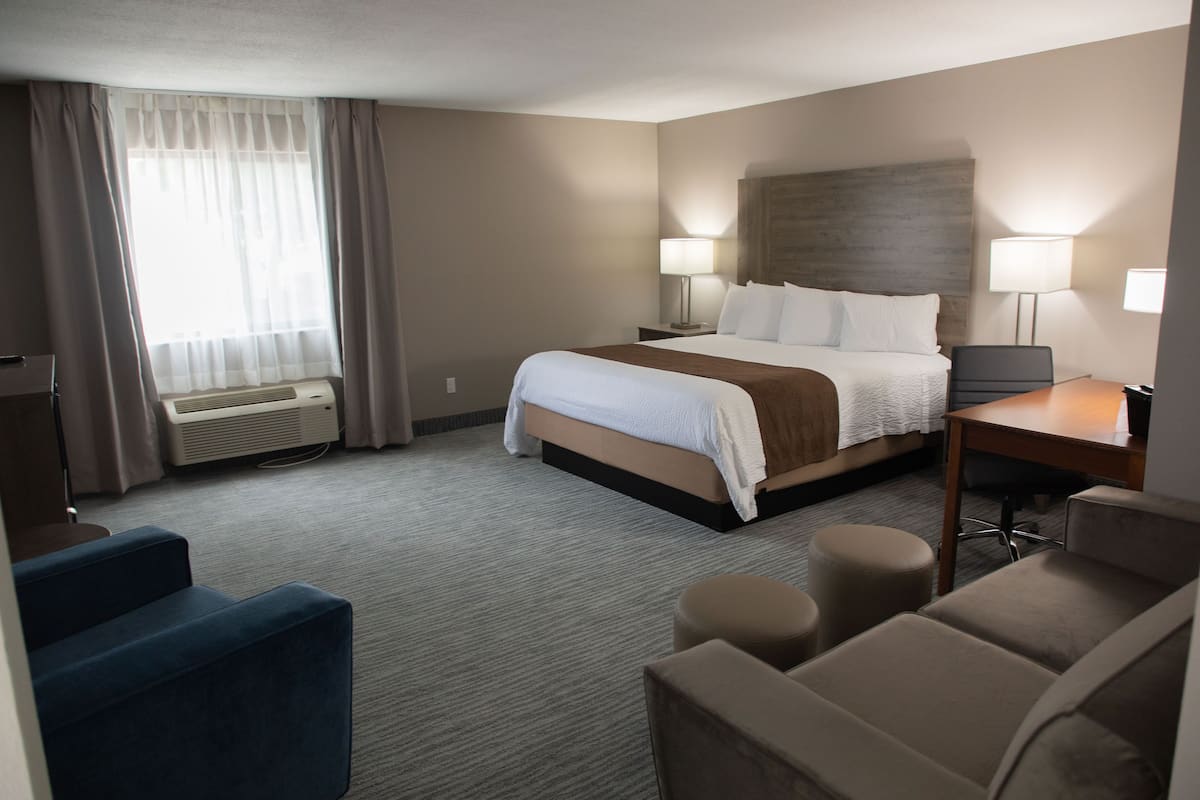 Een hotelkamer met een bed, twee nachtkastjes met lampen, een bureau en twee stoelen.