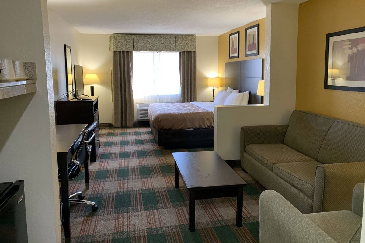 Desk, blackout curtains, soundproofing, iron/ironing board