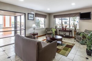 Un salón moderno con sofá, mesa de centro y sillas estampadas. Hay ventanas grandes con cortinas, un televisor de pantalla plana en la pared y una planta en maceta.