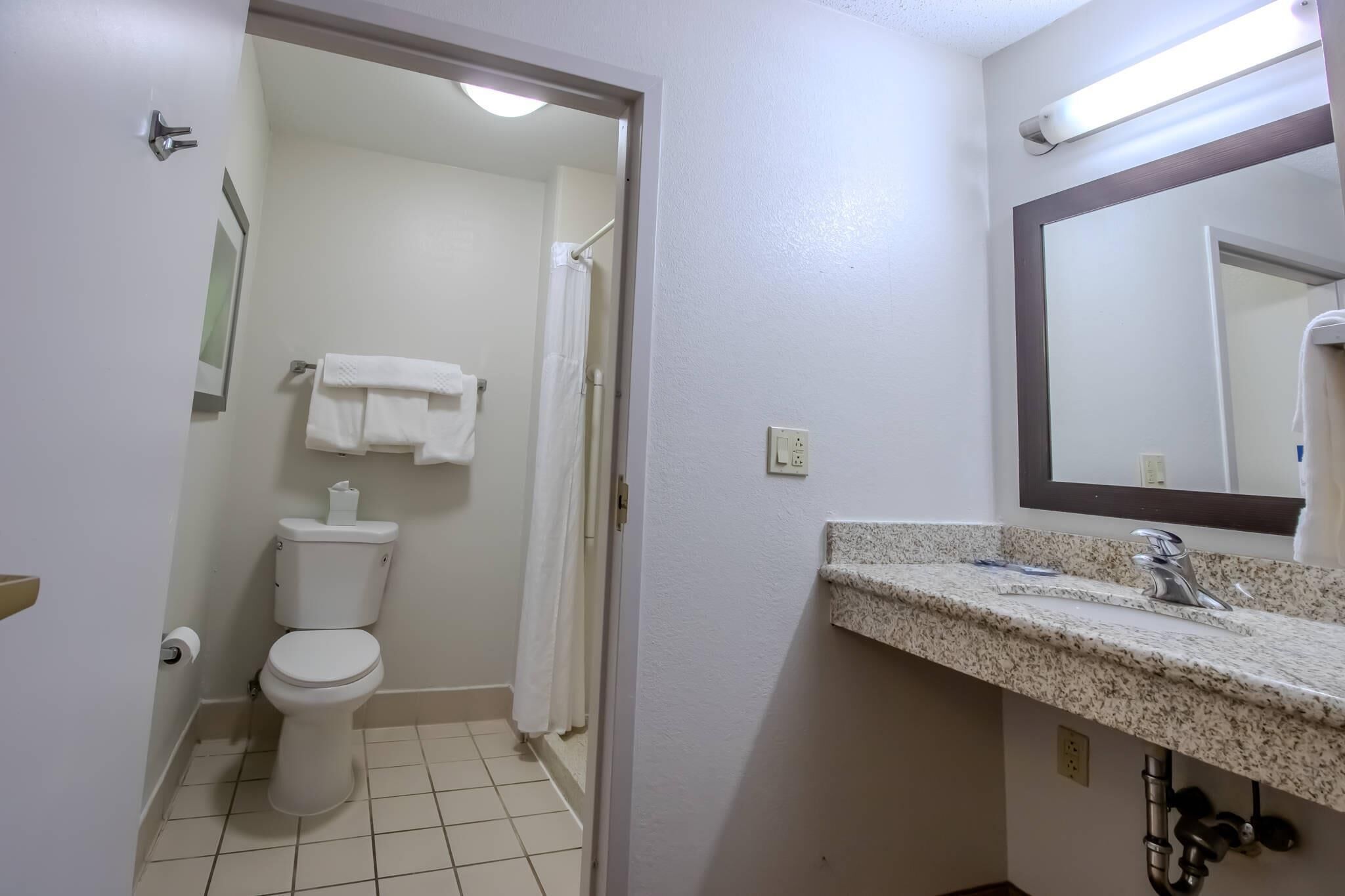 Un bagno con un WC, un lavandino, uno specchio e una tenda per la doccia.