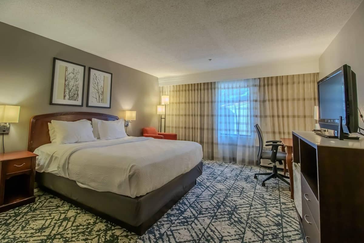 A hotel room with a large bed, a desk with a computer, a television, and two framed pictures on the wall.