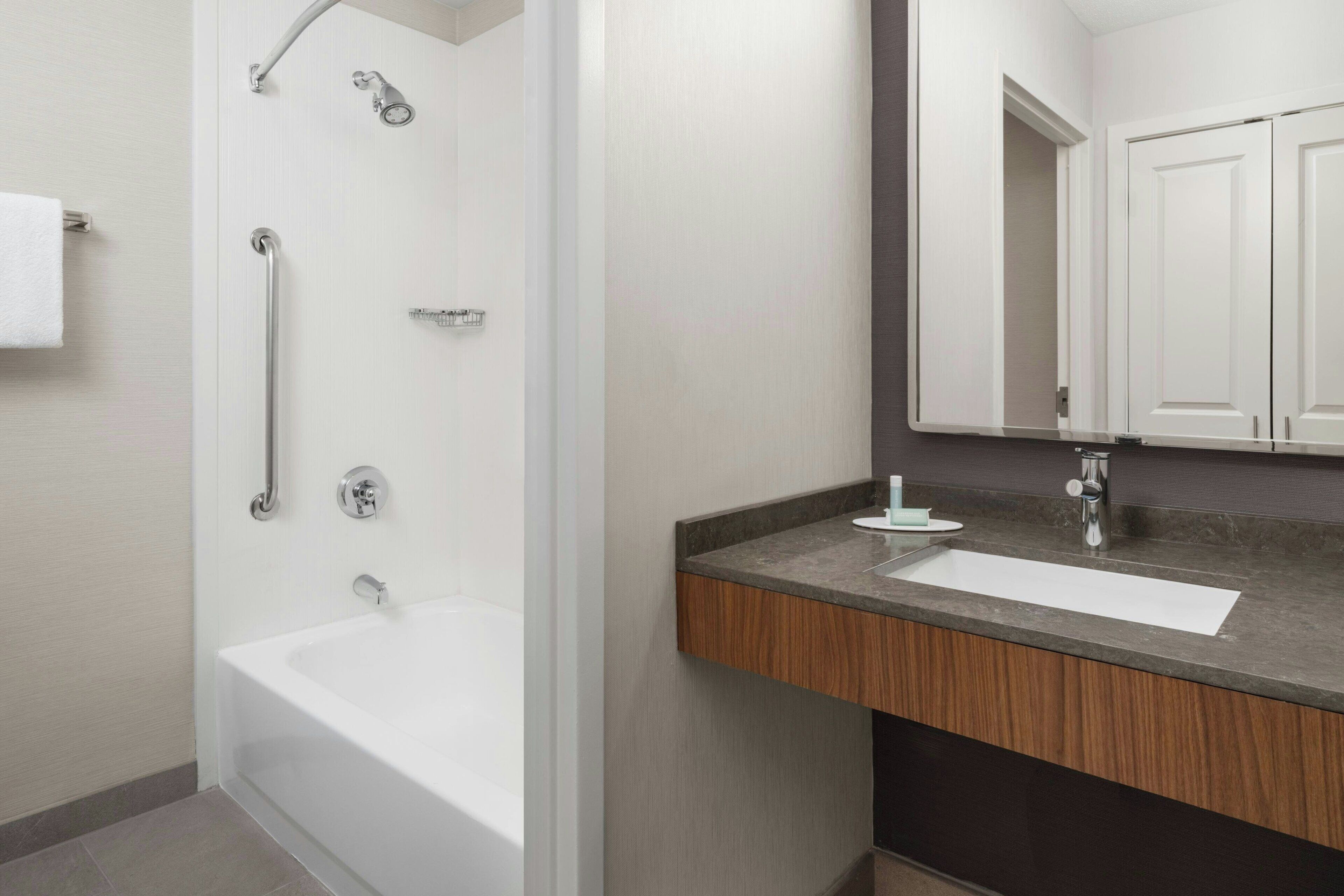 combined shower/bathtub, free toiletries, hair dryer, towels