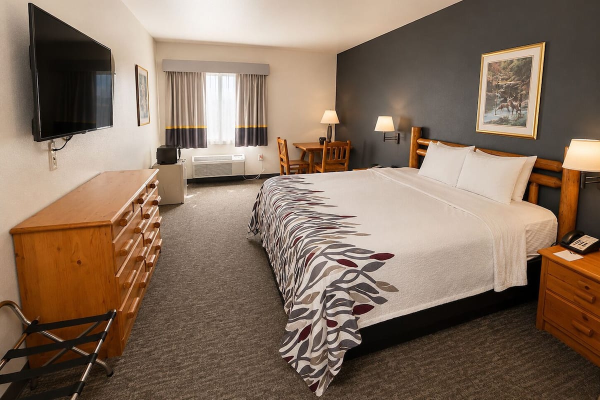 A hotel room with a bed, a desk, a chair, a TV, and a window with curtains.