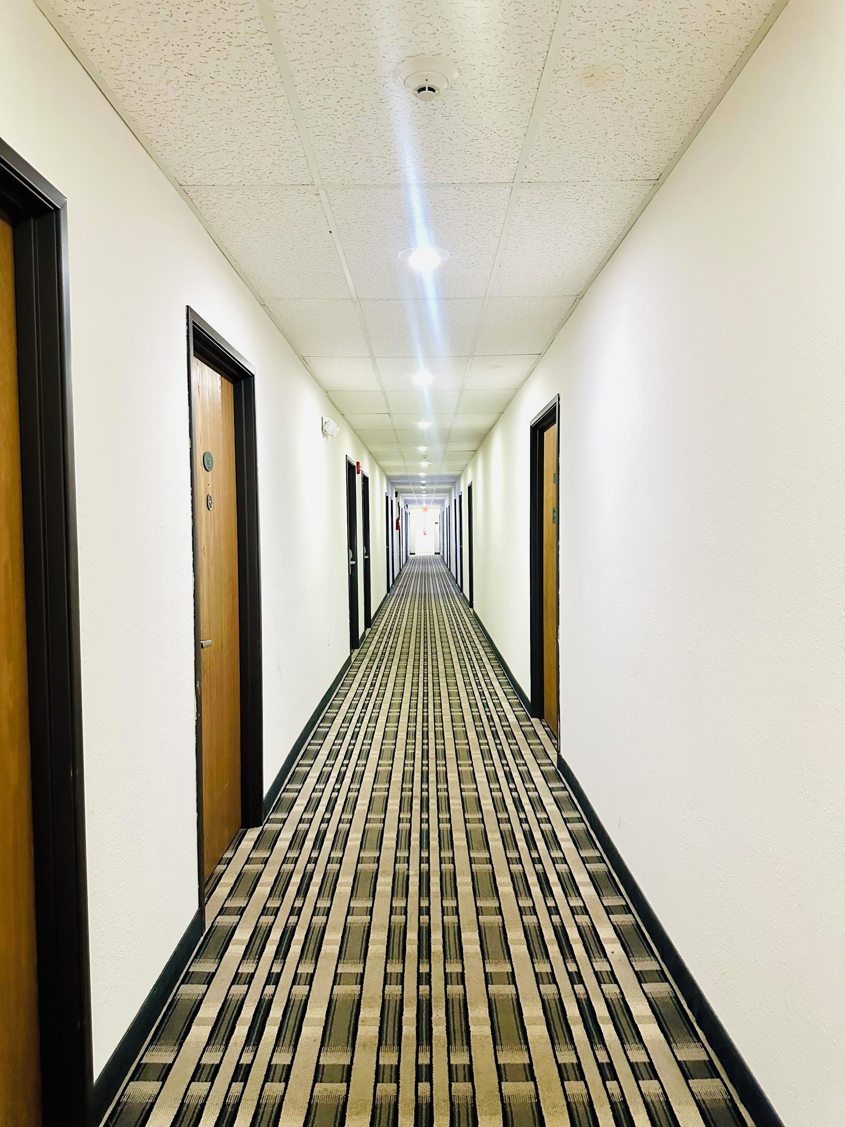 A long, narrow hallway with patterned carpet, white walls, and doors on both sides.