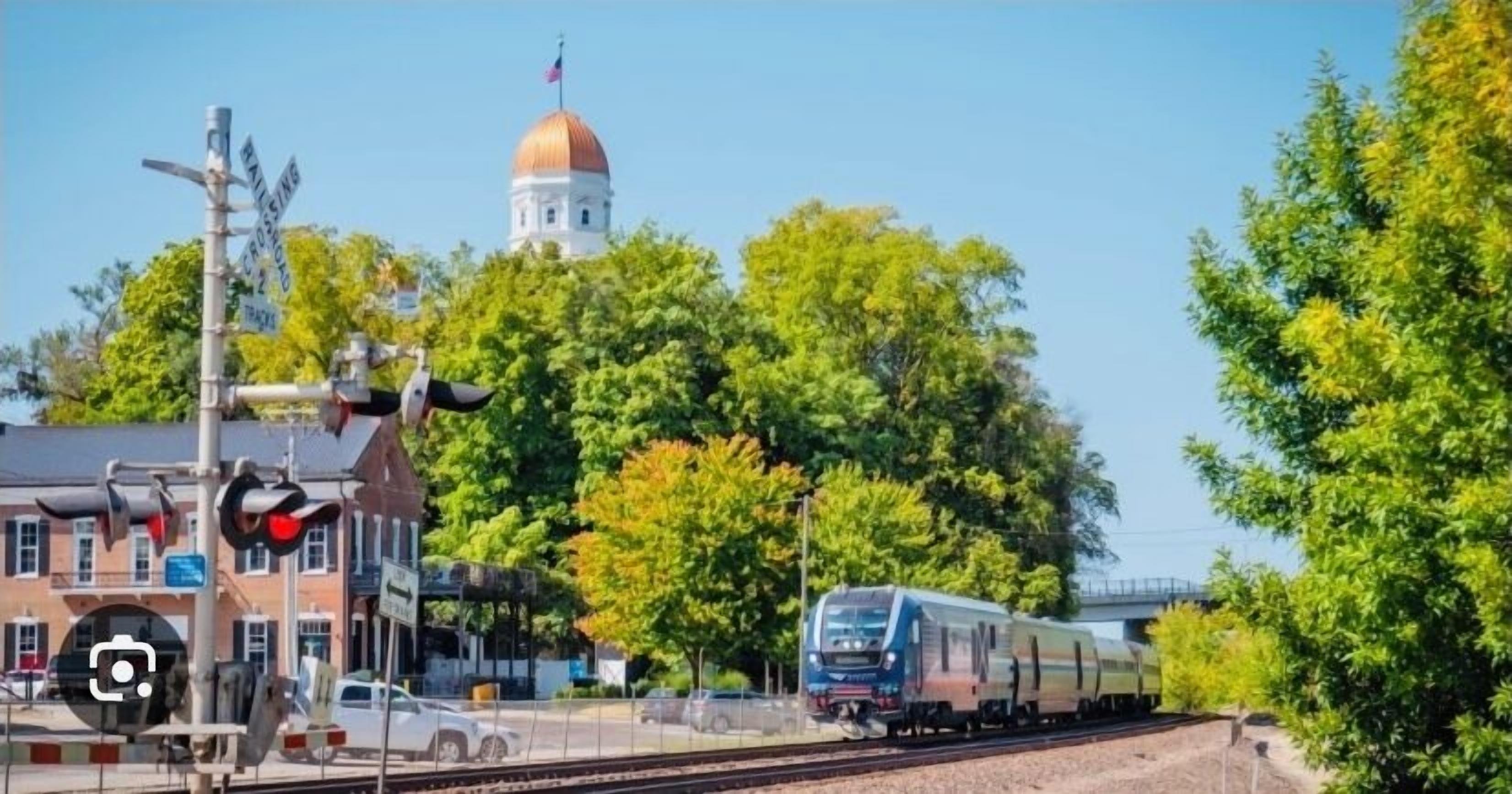 A train crossing with a signal light, a building with a dome, and trees in the background.