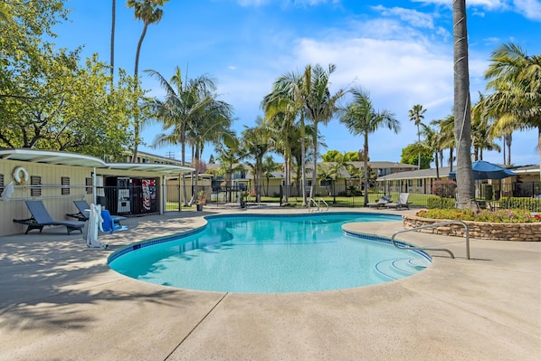 Outdoor pool, open 9:00 AM to 9 PM, pool umbrellas, sun loungers