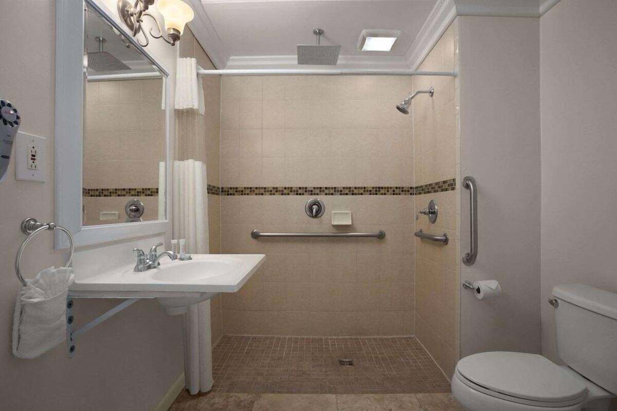 A bathroom with a shower, toilet, sink, and handrails.