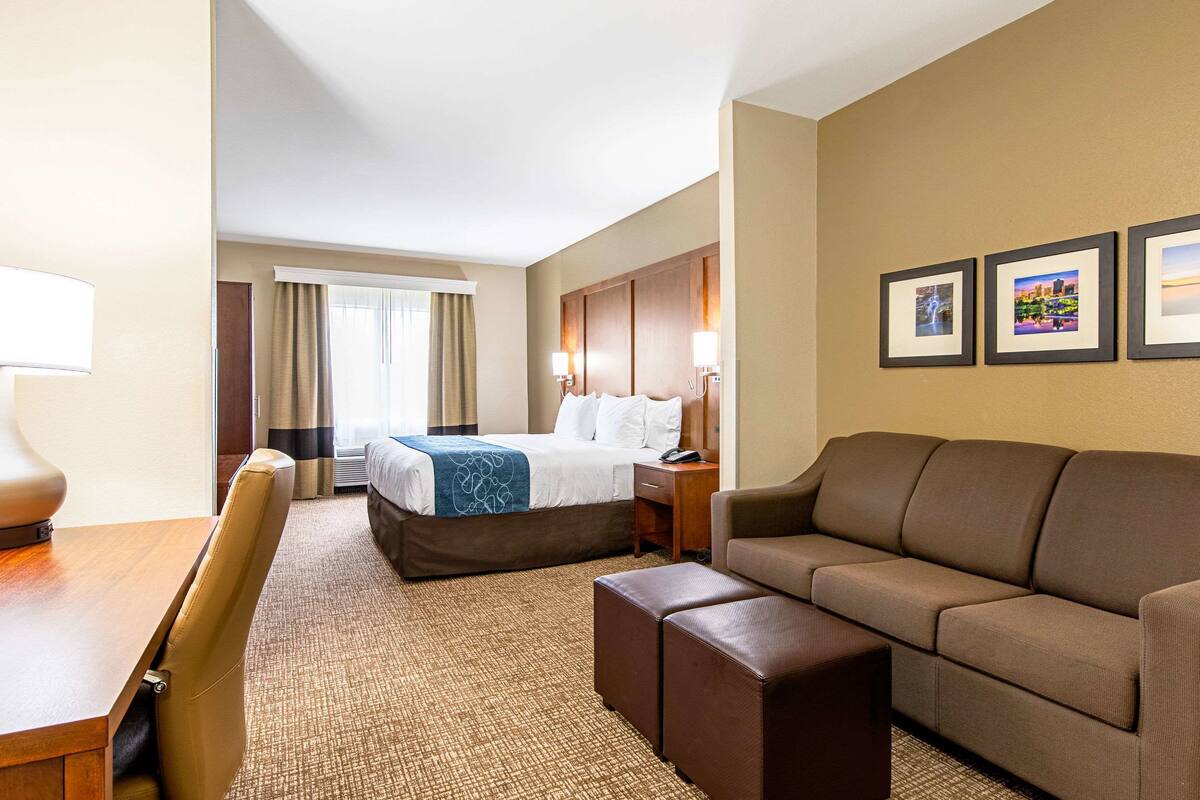 Ein Hotelzimmer mit Bett, Sofa, Schreibtisch und Teppichboden.